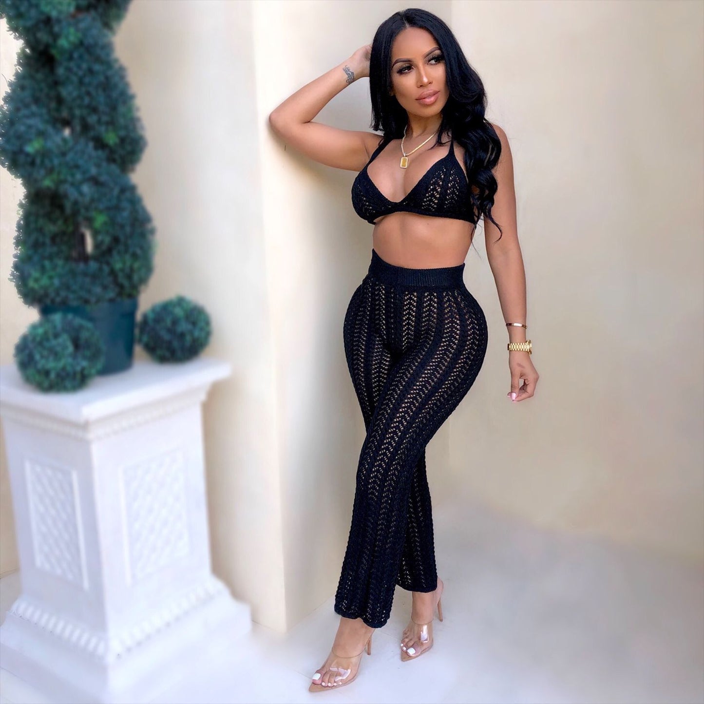 Summer Sexy Women Wear Fashionable Knitted Mesh Hollow Out Cutout Out See through Two piece Set