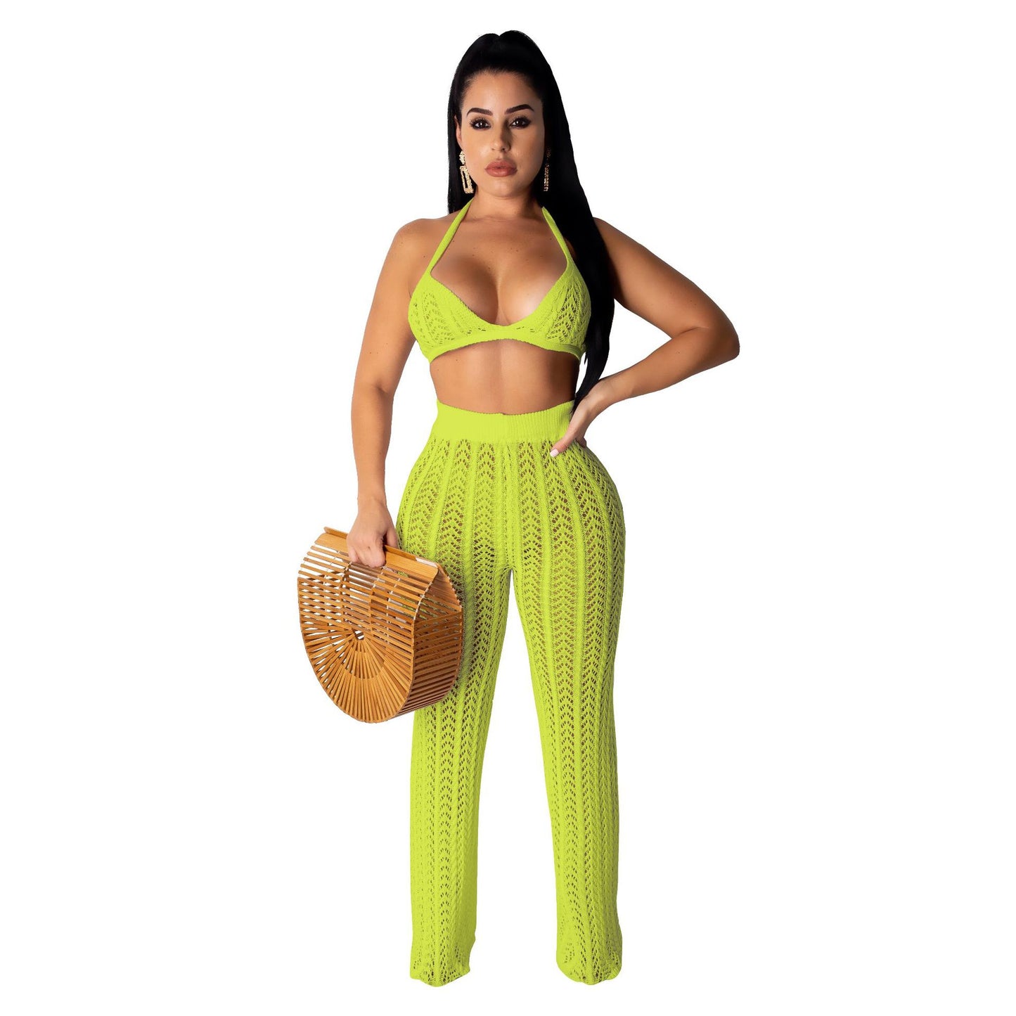 Summer Sexy Women Wear Fashionable Knitted Mesh Hollow Out Cutout Out See through Two piece Set