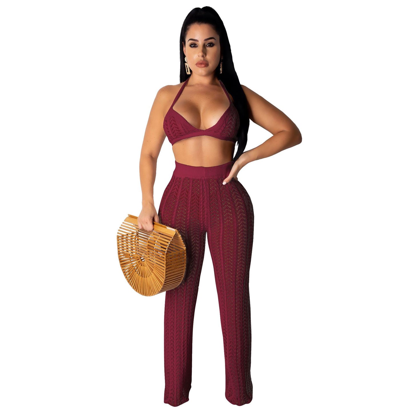 Summer Sexy Women Wear Fashionable Knitted Mesh Hollow Out Cutout Out See through Two piece Set