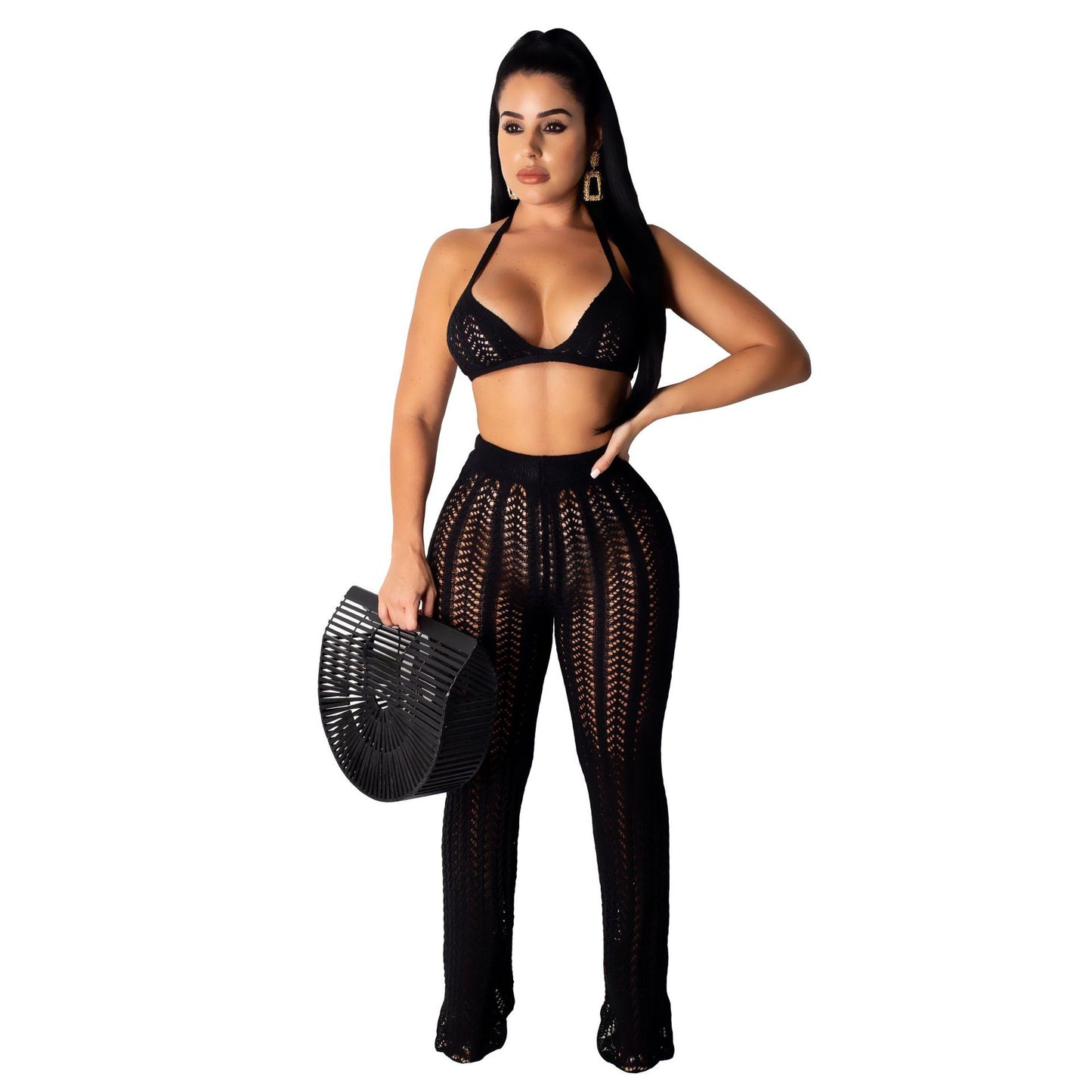 Summer Sexy Women Wear Fashionable Knitted Mesh Hollow Out Cutout Out See through Two piece Set