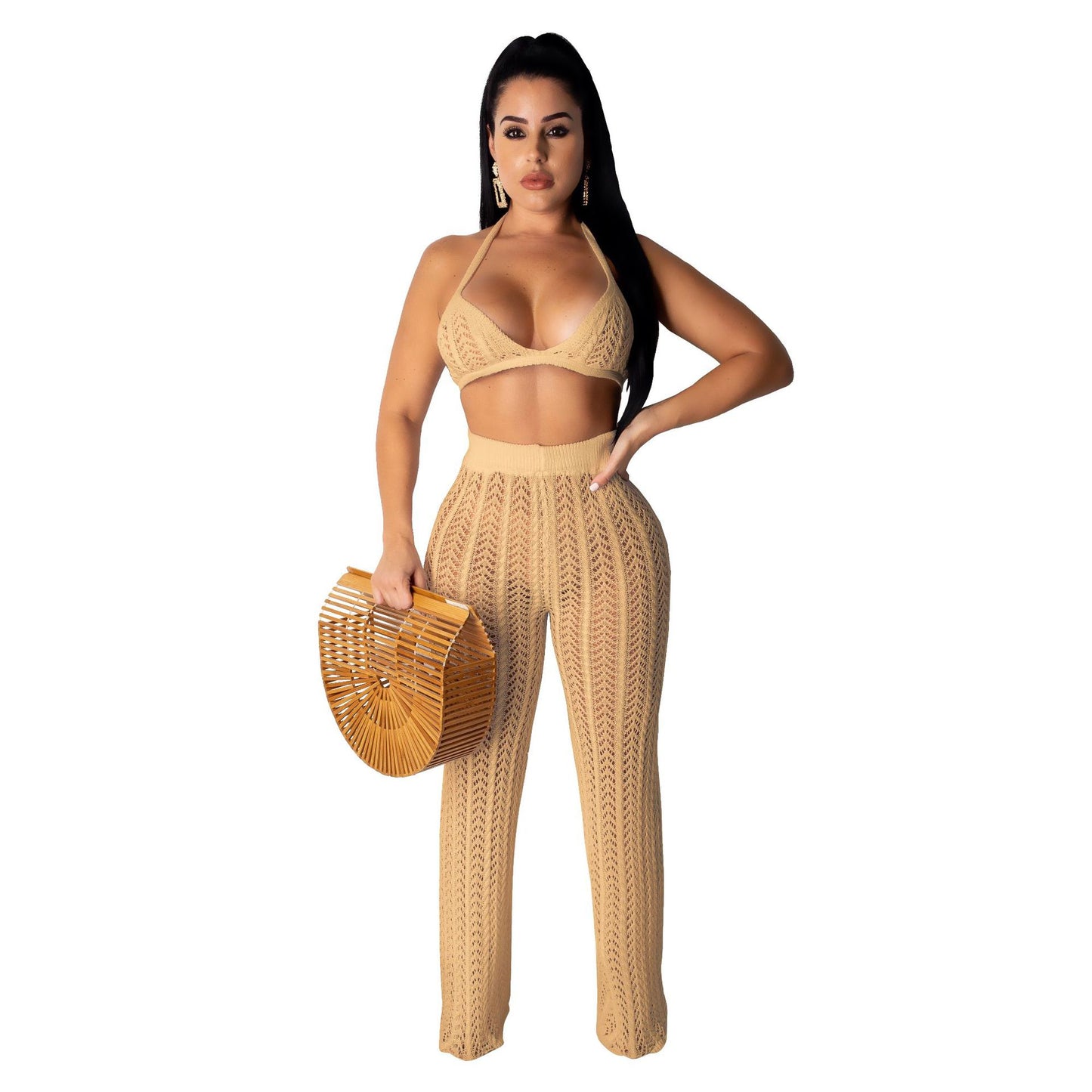 Summer Sexy Women Wear Fashionable Knitted Mesh Hollow Out Cutout Out See through Two piece Set