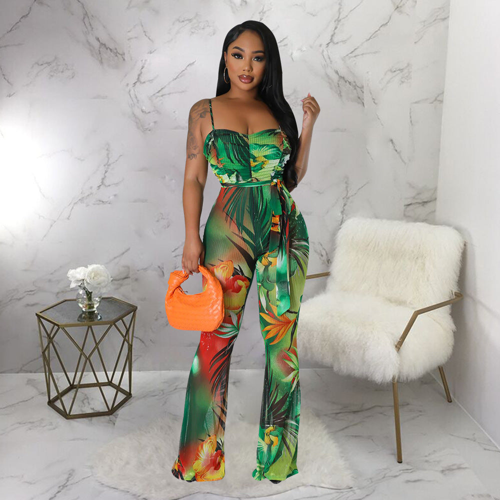 Women Wear Spaghetti Strap Floral Print Sexy Backless Bell Bottom Pants Jumpsuit Women