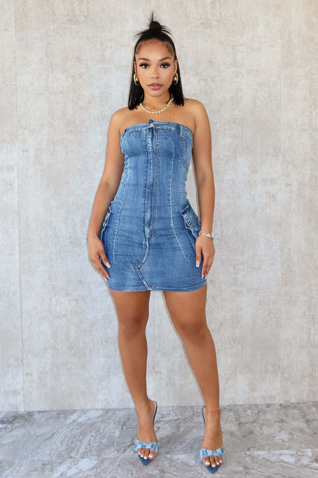 Summer Spring Summer Sexy Tube Top Wash Button Stretch Denim Dress