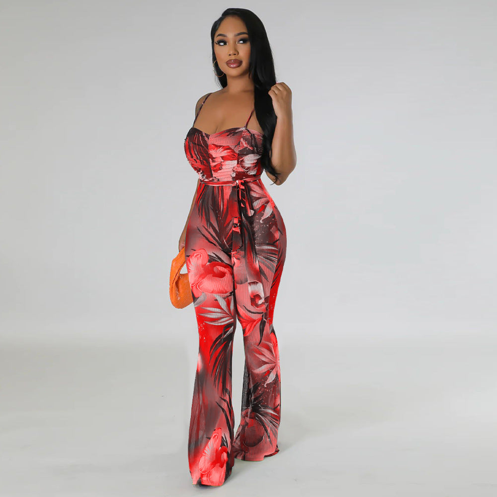 Women Wear Spaghetti Strap Floral Print Sexy Backless Bell Bottom Pants Jumpsuit Women