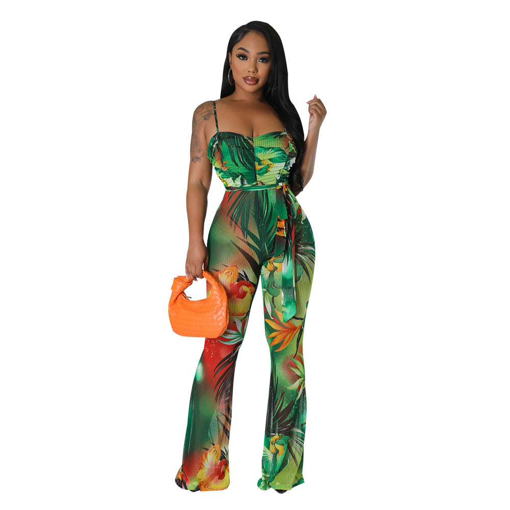 Women Wear Spaghetti Strap Floral Print Sexy Backless Bell Bottom Pants Jumpsuit Women