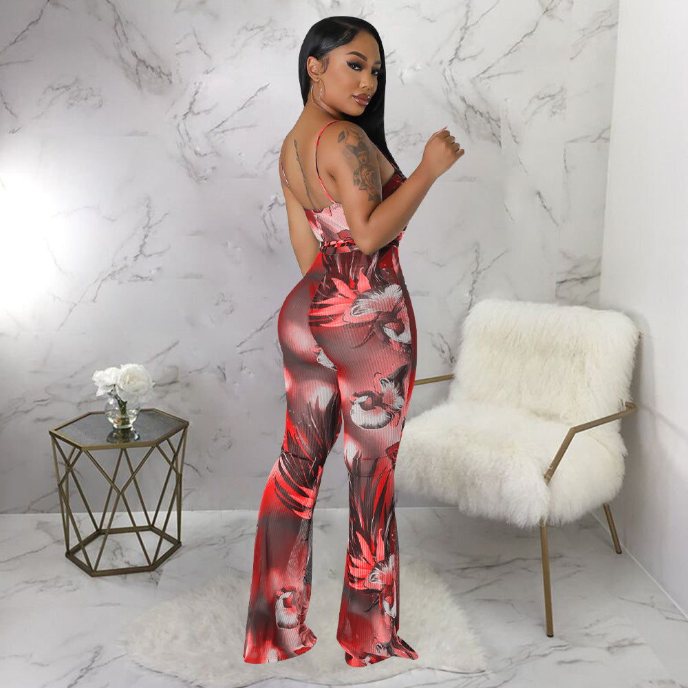 Women Wear Spaghetti Strap Floral Print Sexy Backless Bell Bottom Pants Jumpsuit Women