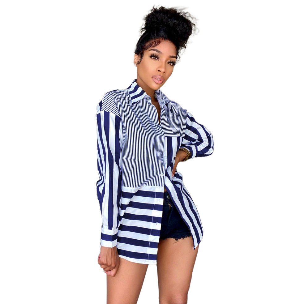 Autumn New Women Clothing Fashion Ladies Striped Printing Loose Shirt