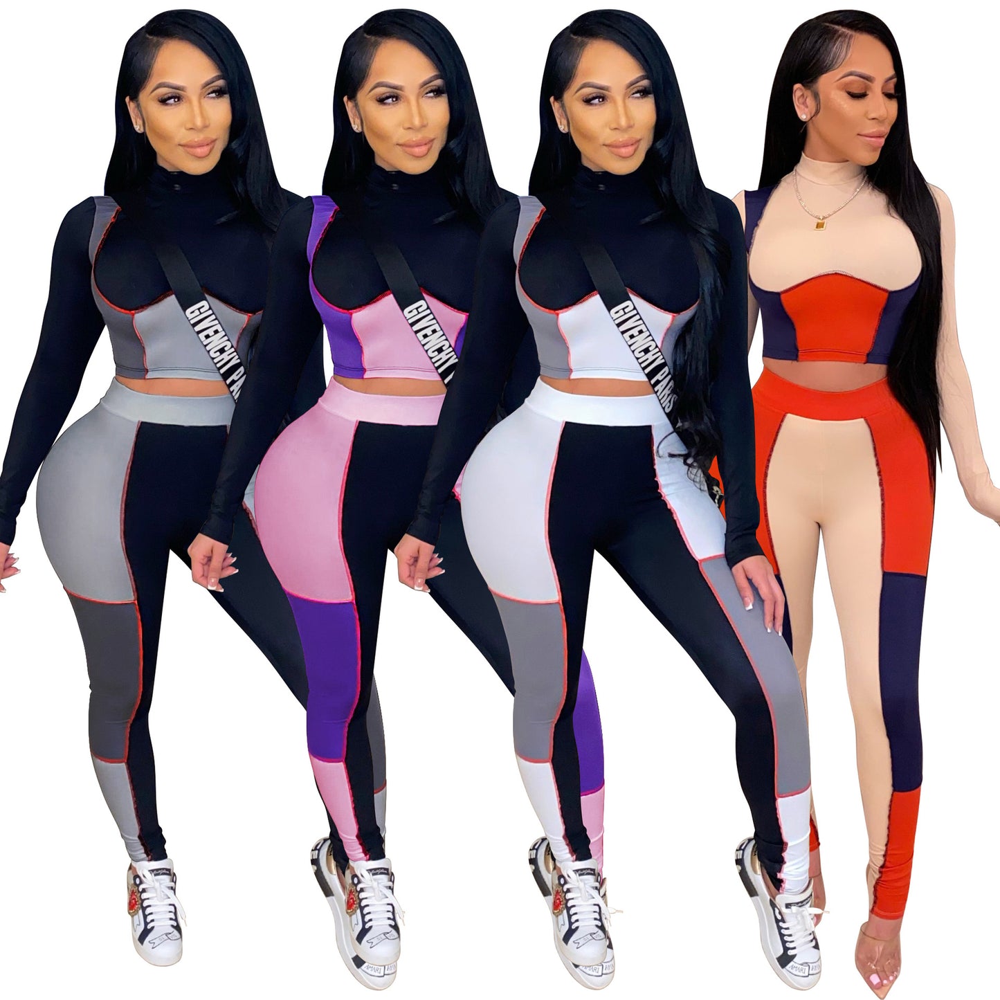 Women Clothing Fashion Casual Home Sportswear Contrast Color Tight Yoga Two-Piece Suit