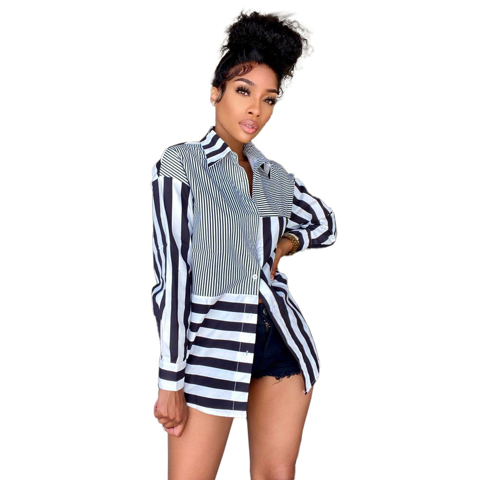 Autumn New Women Clothing Fashion Ladies Striped Printing Loose Shirt