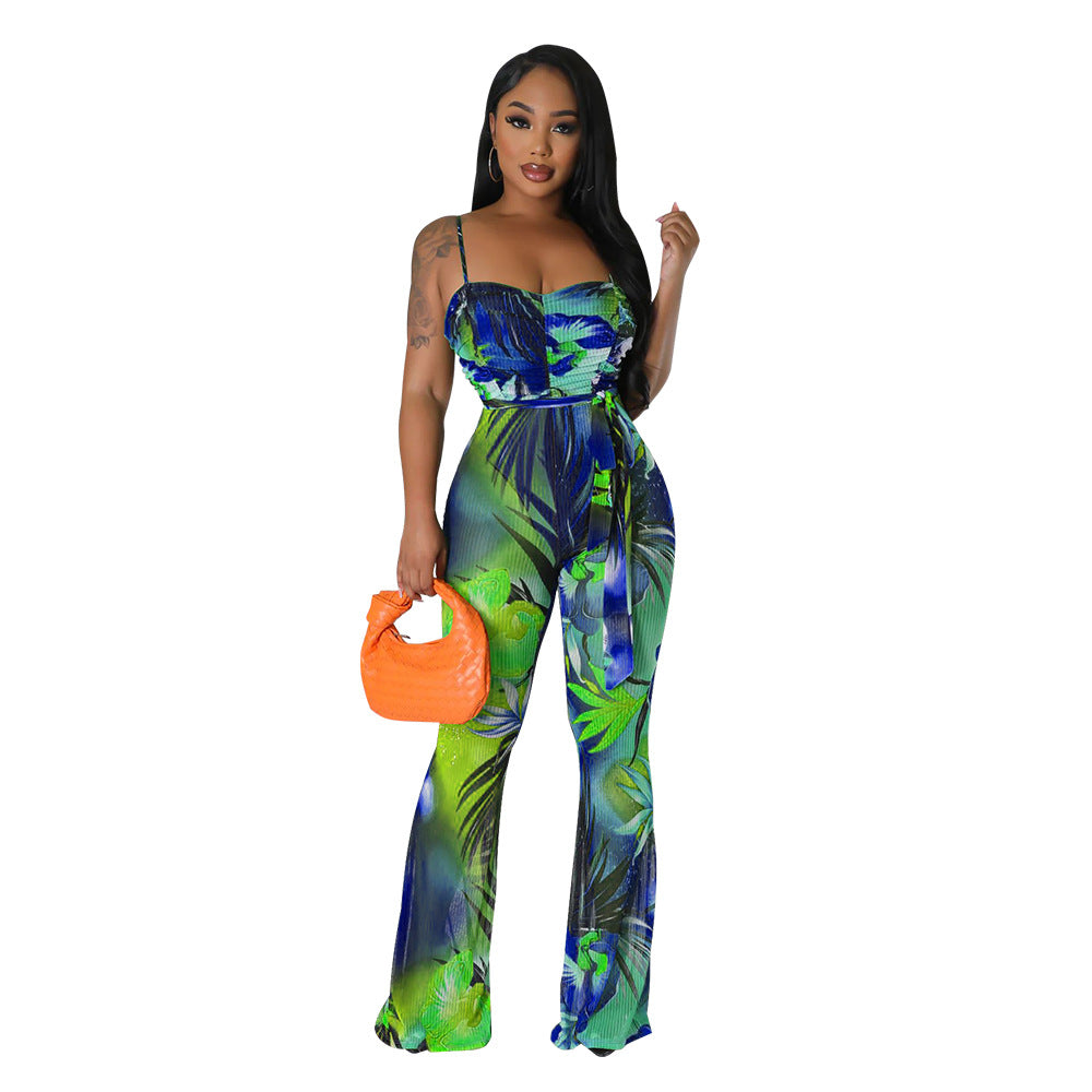 Women Wear Spaghetti Strap Floral Print Sexy Backless Bell Bottom Pants Jumpsuit Women