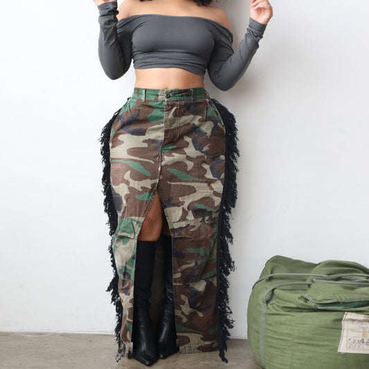 Source Women Clothing Personalized Camouflage Washed Tassel High Slit Skirt